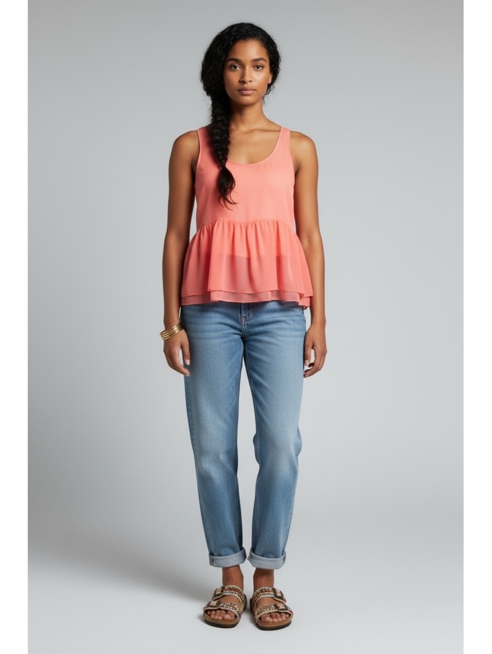 Intimately Free People Sheer Peplum Layered Tank Top Coral Pink Size L